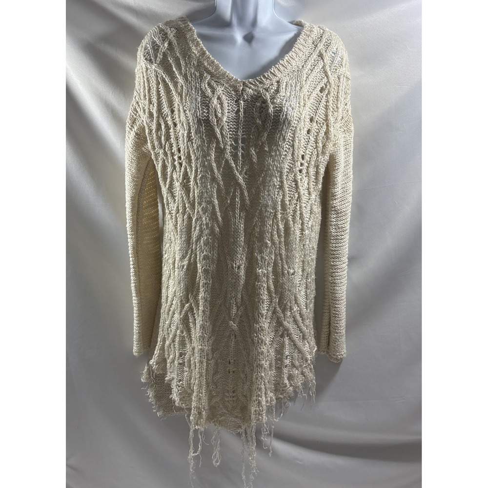 Altar'd State Cream Distressed Cable Knit Open Stitch V Neck Sweater Small S